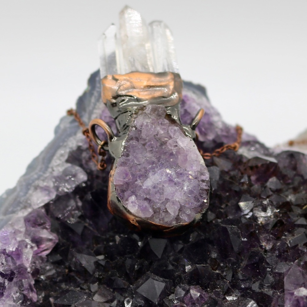 1 Authentic Amethyst + Triple Clear Quartz Point Neclace